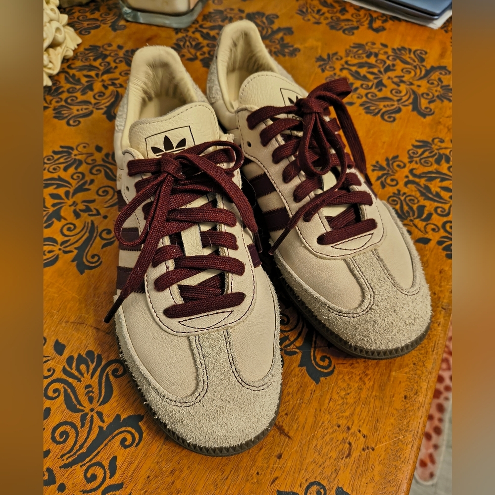 Adidas Cream and Burgundy Samba OG Classic Sneakers